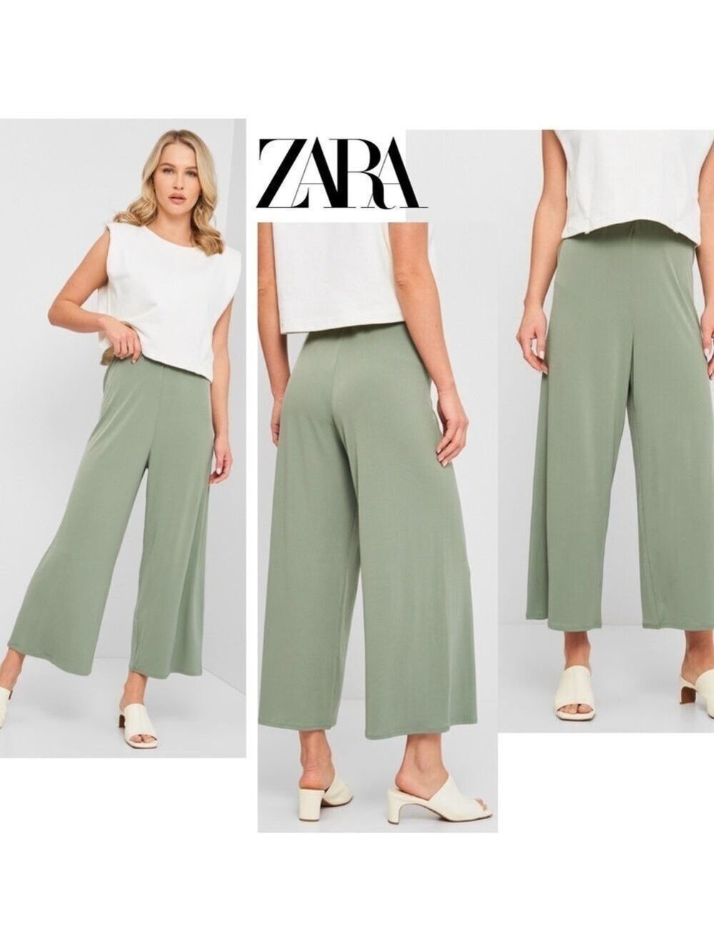 Zara Green stretchy wide leg cropped culottes pants Sz L pull on high rise Sz L